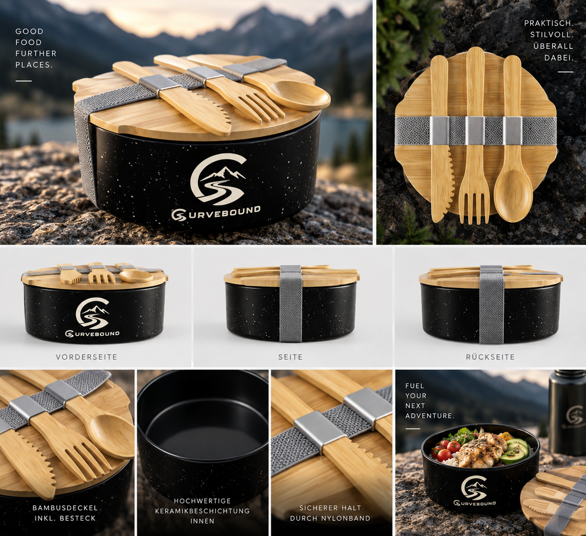 Curvebound Adventure Lunchbox – Metall Brotdose mit Bambusdeckel & Besteck