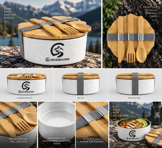 Curvebound Adventure Lunchbox – Metall Brotdose mit Bambusdeckel & Besteck